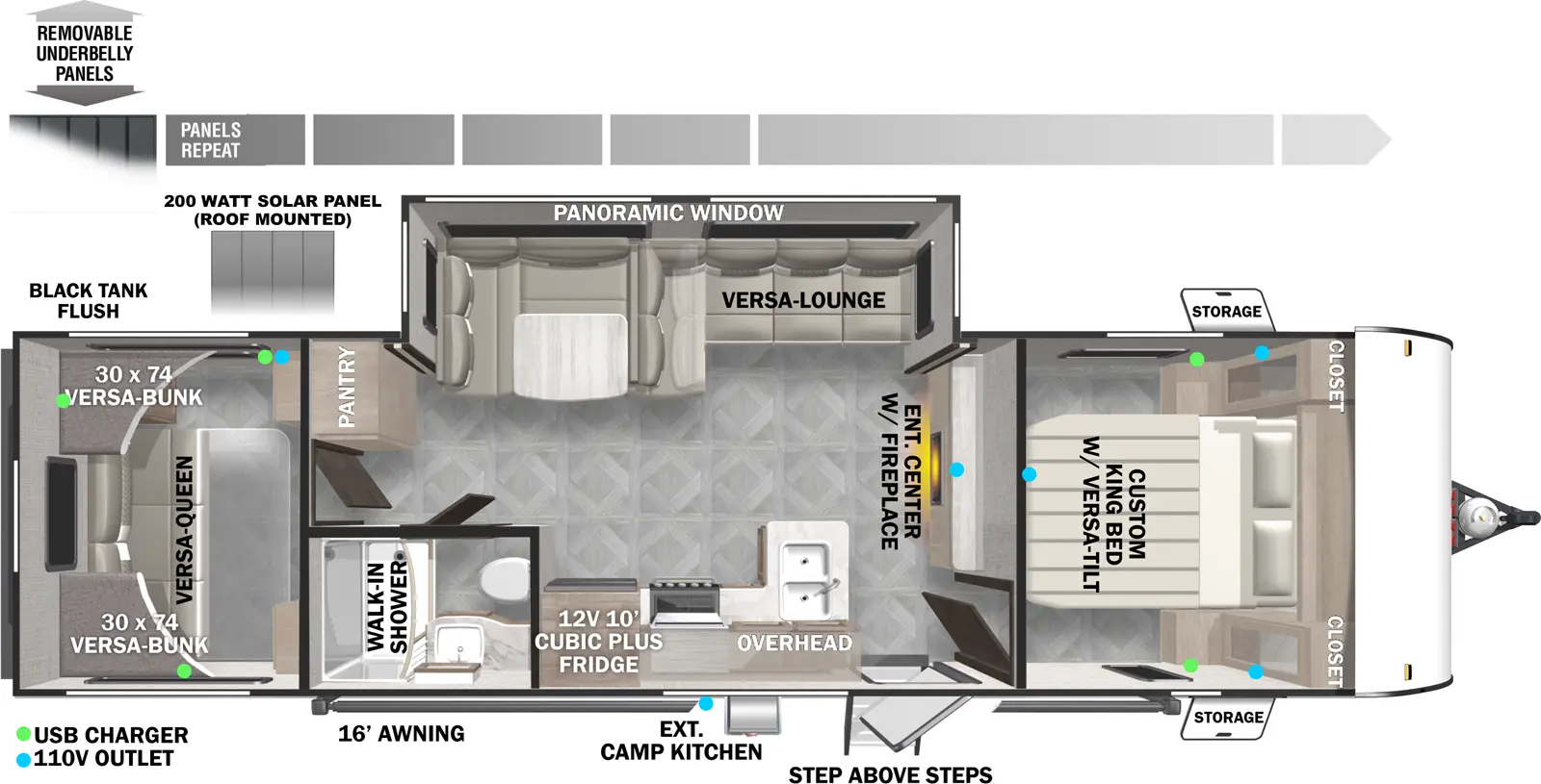 The 28VBXL has one entry and one slideout. Exterior features removeable underbelly panels, battery disconnect, StepAbove entry steps, exterior camp kitchen, front pass through storage, and 16 foot awning. Interior layout front to back: custom king bed with closets on each side; entertainment center with fireplace along inner wall; off-door side slideout with versa-lounge dinette, and panoramic window; entry door, peninsula kitchen counter with sink wraps to door side with overhead cabinet, cooktop, and oversized refrigerator; off-door side pantry; door side side-aisle full bathroom with walk-in shower; rear bunk house with versa queen below and opposing versa bunk beds above. USB chargers and 110V outlets throughout.
